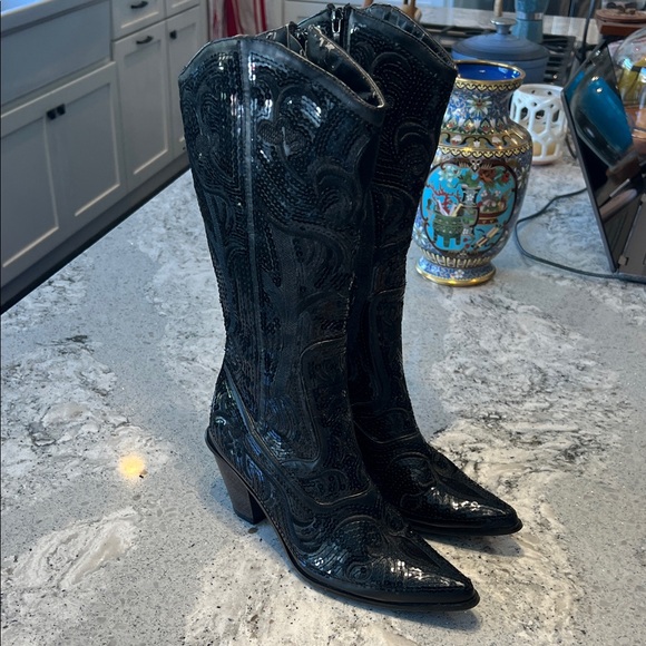 Helen’s Heart Shoes - Black Sequined Women's Cowboy Boots